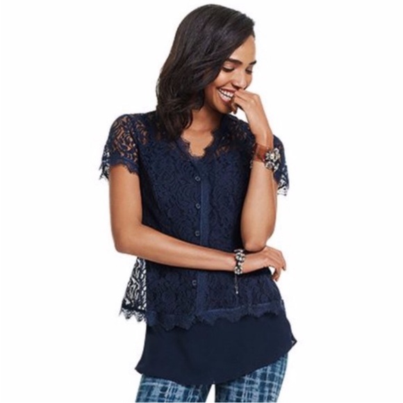 CABi 3073‎ Navy Blue Sheer Lace Short Sleeve Top Blouse Button Front Size Small - Picture 1 of 13